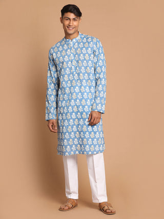 SHVAAS By VASTRAMAY Men's Blue Striped Sequined Kurta And White Cotton Pant set