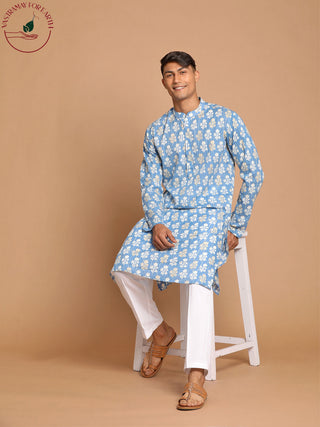 Vastramay Men's Blue Striped Sequined Kurta And White Cotton Pant set