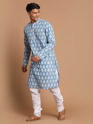 SHVAAS by VASTRAMAY Men's Blue Printed Pure Cotton Kurta With White Churidar