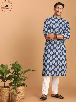 SHVAAS By VASTRAMAY Men's Blue Leaf Print cotton Kurta With White Pant Style pyjama Set