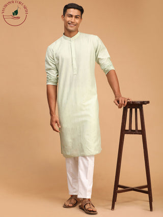 SHVAAS By VASTRAMAY Men's Light Green Striped cotton Kurta And White Cotton Pant Style Pyjama Set