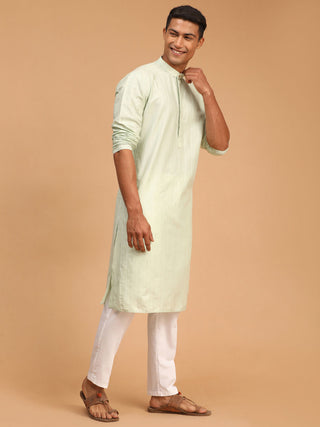 SHVAAS By VASTRAMAY Men's Light Green Striped cotton Kurta And White Cotton Pant Style Pyjama Set