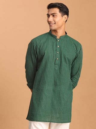 SHVAAS By VASTRAMAY Men's Green Striped Cotton Short Kurta