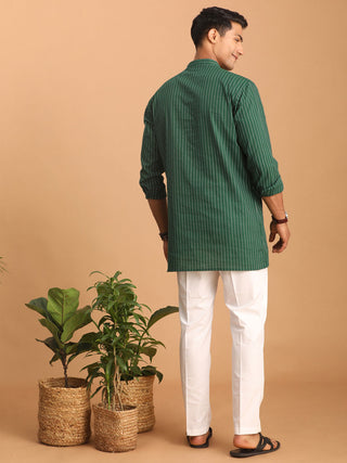 SHVAAS By VASTRAMAY Men's Green Striped Cotton Short Kurta With White Pant