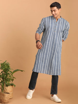 SHVAAS By VASTRAMAY Men's White And Blue Striped cotton Kurta
