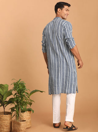 SHVAAS By VASTRAMAY Men's White And Blue Striped cotton Kurta with White Pant Set
