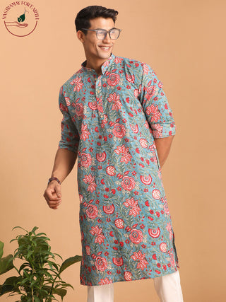 SHVAAS By VASTRAMAY Men's Blue And Red Floral Printed Cotton Kurta
