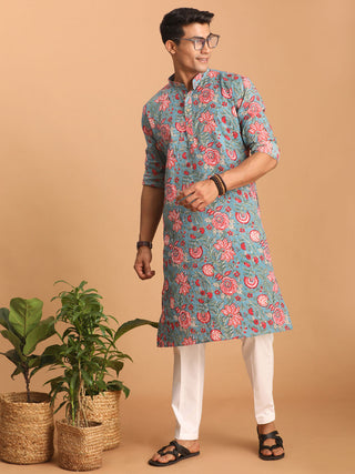 SHVAAS By VASTRAMAY Men's Blue And Red Floral Printed Cotton Kurta