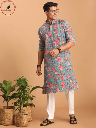 VASTRAMAY Men's Blue And Red Floral Printed Cotton Kurta with White Pant Set