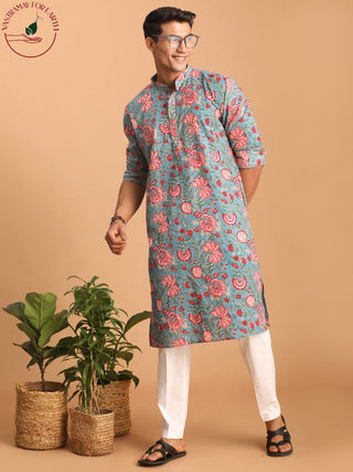 SHVAAS By VASTRAMAY Men's Blue And Red Floral Printed Cotton Kurta with White Pant Set