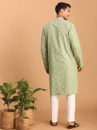 SHVAAS By VASTRAMAY Men's Green Geometric Booti Jacquard Kurta with White Pant Set