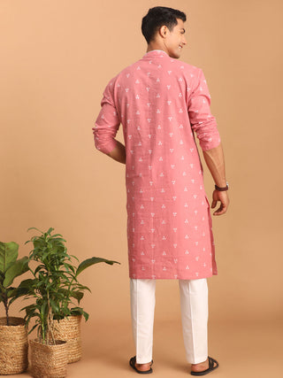 SHVAAS By VASTRAMAY Men's Pink Geometric Booti Jacquard Kurta with White Pant Set