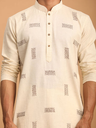 SHVAAS By VASTRAMAY Men's Cream Katha Stich Embroidered cotton Kurta With Cream Pant Set
