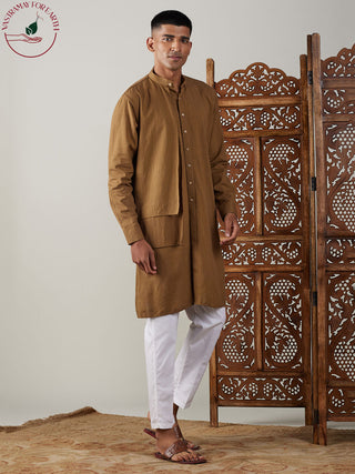 SHVAAS By VASTRAMAY Men's Coffee Cotton Cool Dyable Kurta with white Pant Set