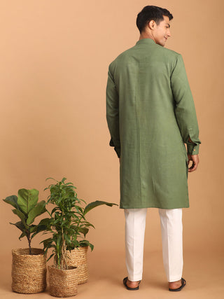 VASTRAMAY Men's Green Cotton Cool Dyable Kurta with white Pant Set