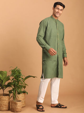 SHVAAS By VASTRAMAY Men's Green Cotton Cool Dyable Kurta with white Pant Set
