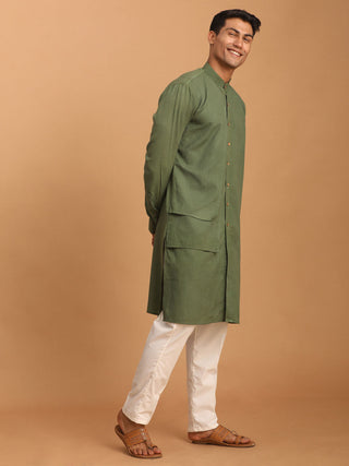 VASTRAMAY Men's Green Cotton Cool Dyable Kurta with Cream Pant Set