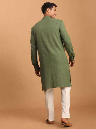 SHVAAS By VASTRAMAY Men's Green Cotton Cool Dyable Kurta with Cream Pant Set