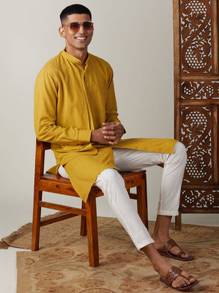 Vastramay Men's Mustard Cotton Cool Dyable Kurta with Cream Pant Set
