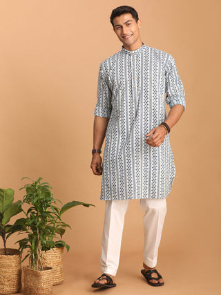 SHVAAS By VASTRAMAY Men's White And Blue Geometrical Striped Printed Curved Kurta with white Pant Set