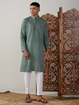 SHVAAS By VASTRAMAY Men's Green cotton Jacquard Kurta With White Pant Set