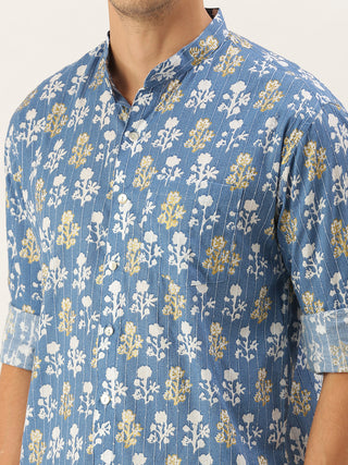 Vastramay Men's Aqua Blue Printed Embellished Shirt