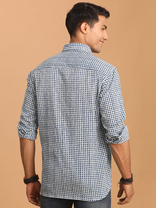 Vastramay Men's Blue And White Check Box Printed Short Sleeve Shirt