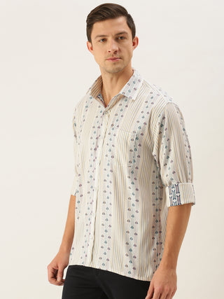 Vastramay Men's Off White & Blue Geometric Striped Shirt