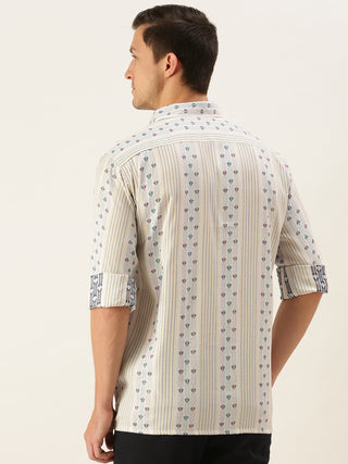 SHVAAS BY VASTRAMAY Men's Off White & Blue Geometric Striped Shirt