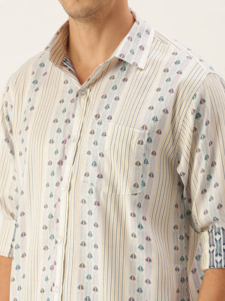 Vastramay Men's Off White & Blue Geometric Striped Shirt