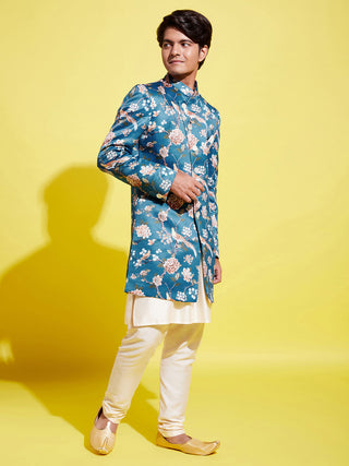 YUVA BY VASTRAMAY Boys' Multicolored-Base-Turquoise Indowestern Set