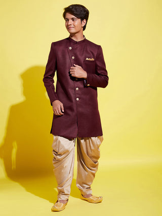 YUVA BY VASTRAMAY Boys Maroon And Rose Gold Indowestern Set