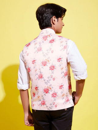 VASTRAMAY Boys Multicolor-Base-Peach Floral Printed Nehru Jacket