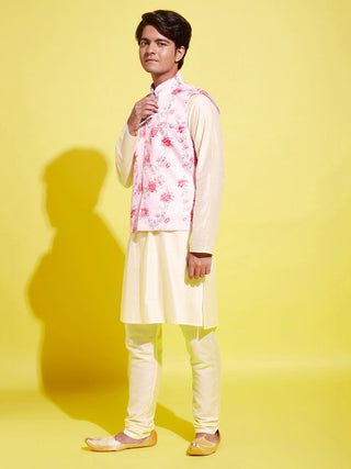 YUVA BY Vastramay Boys Peach Floral Printed Nehru Jacket With Cream Kurta And Pyjama Set