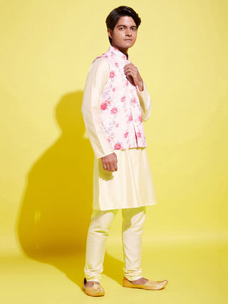 YUVA BY Vastramay Boys Peach Floral Printed Nehru Jacket With Cream Kurta And Pyjama Set