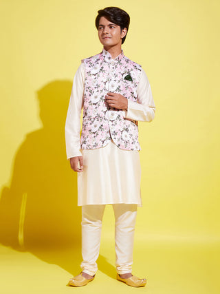 YUVA BY Vastramay Boys Pink Floral Printed Nehru Jacket With Cream Kurta And Pyjama Set