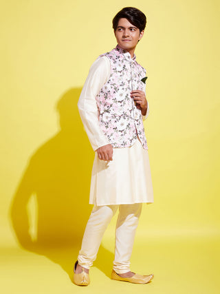 YUVA BY Vastramay Boys Pink Floral Printed Nehru Jacket With Cream Kurta And Pyjama Set
