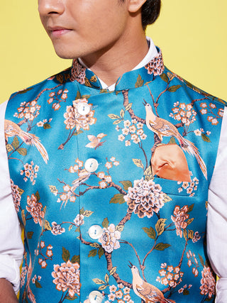 YUVA BY VASTRAMAY Boys Multicolor-Base-Peach Floral Printed Nehru Jacket