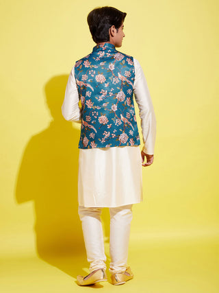 YUVA BY VASTRAMAY Boys Turquoise Blue & Green Printed Nehru Jacket With CreamKurta And Pyjama Set