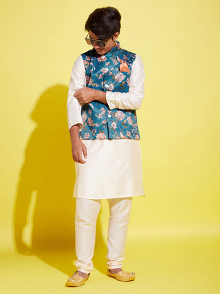YUVA BY VASTRAMAY Boys Turquoise Blue & Green Printed Nehru Jacket With CreamKurta And Pyjama Set