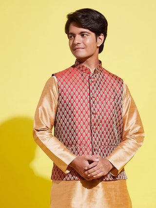 VASTRAMAY Boys' Maroon Woven Design Silk Blend Nehru Jackets