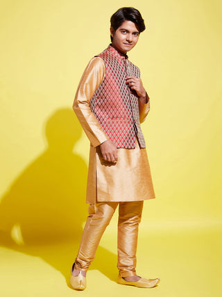 YUVA BY VASTRAMAY Boys' Rose Gold Silk Blend Kurt Pyjama And Maroon Nehru Jacket Set