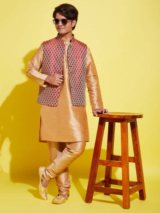 YUVA BY VASTRAMAY Boys' Rose Gold Silk Blend Kurt Pyjama And Maroon Nehru Jacket Set