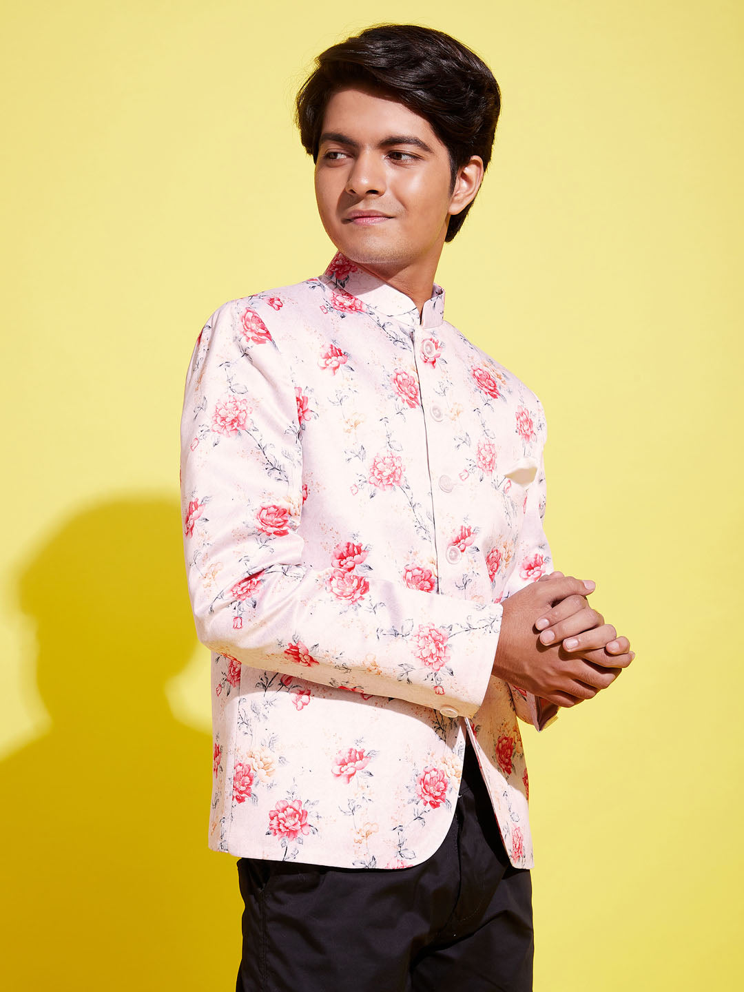 Floral Printed Peach Bandhgala Prince Coat Jodhpuri