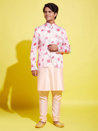 YUVA BY VASTRAMAY Floral Printed Peach Bandhgala Prince Coat Jodhpuri With Cream Kurta Pyjama Set
