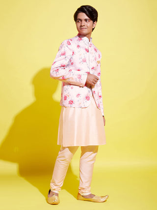 YUVA BY VASTRAMAY Floral Printed Peach Bandhgala Prince Coat Jodhpuri With Cream Kurta Pyjama Set