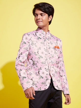 YUVA BY VASTRAMAY Boy's Floral Printed Pink Bandhgala Prince Coat Jodhpuri