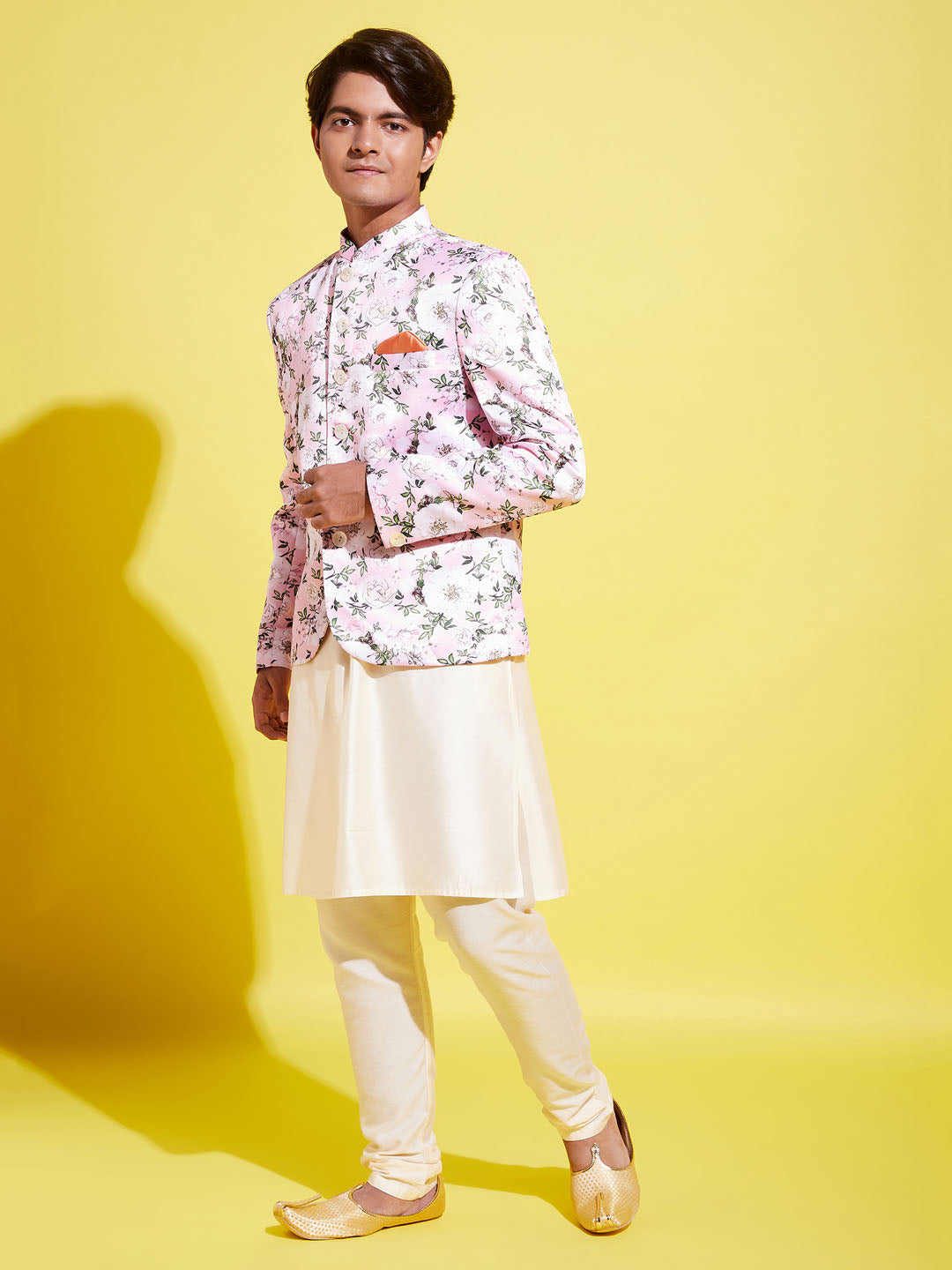 Floral Printed Pink Bandhgala Prince Coat Jodhpuri With Cream Kurta Pyjama Set