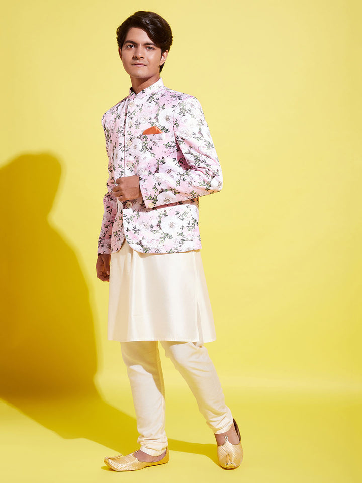 Floral Printed Pink Bandhgala Prince Coat Jodhpuri With Cream Kurta Pyjama Set