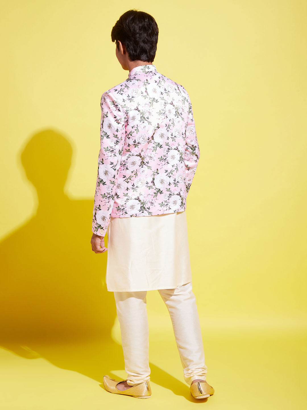 Floral Printed Pink Bandhgala Prince Coat Jodhpuri With Cream Kurta Pyjama Set